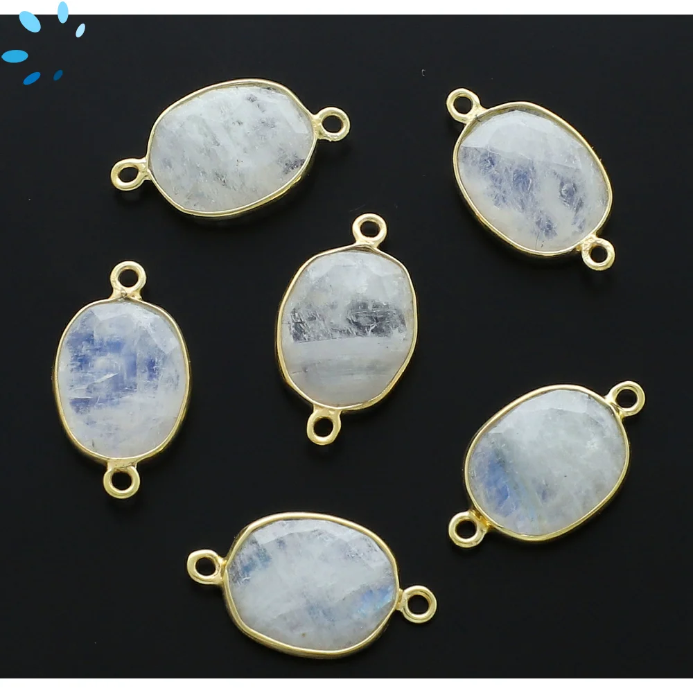 Rainbow Moonstone Oval Nugget Bezel Connector  15x12mm - 18k Gold Plated Sterling Silver - Set of 4