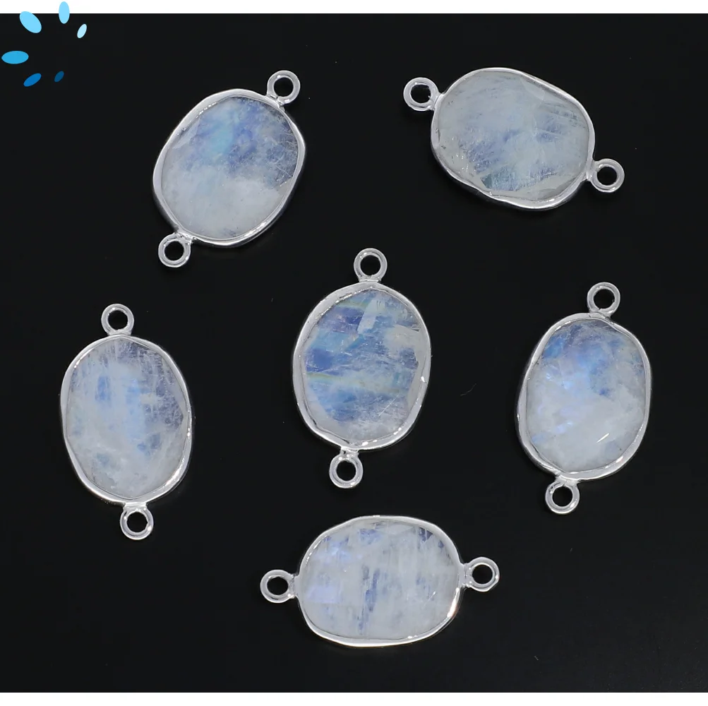 Rainbow Moonstone Oval Nugget Bezel Connector 15x12mm - Platinum Plated Sterling Silver - Set of 4