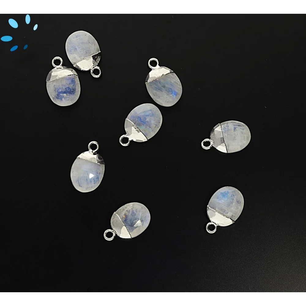 Rainbow Moonstone Oval Pendant Charm 10x8 - 12x9mm Silver Electroplated - Set of 4