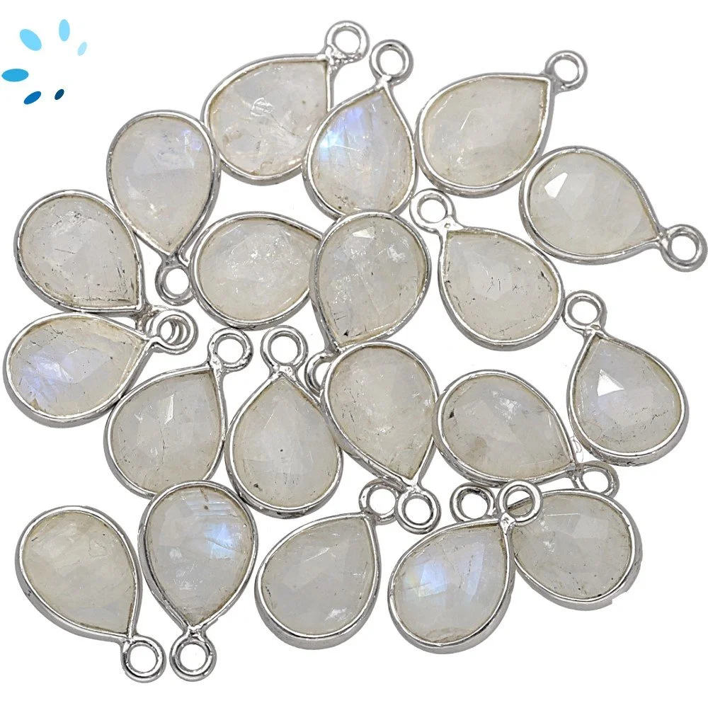 Rainbow Moonstone Pear Bezel Charm Pendant 9x7mm - Platinum Plated Sterling Silver - Set of 4