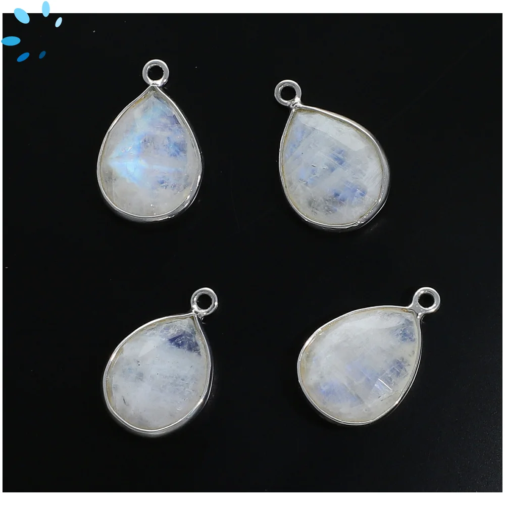 Rainbow Moonstone Pear Bezel Pendant Charm 15x12mm - Platinum Plated Sterling Silver-Set of 4