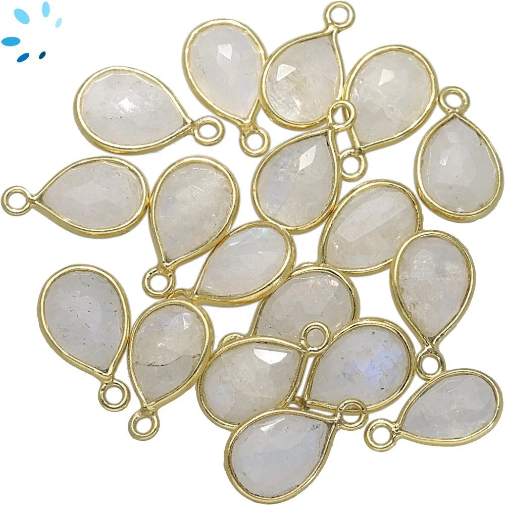 Rainbow Moonstone Pear Bezel Pendant Charm 9x7mm - 18k Gold Plated Sterling Silver - Set of 4