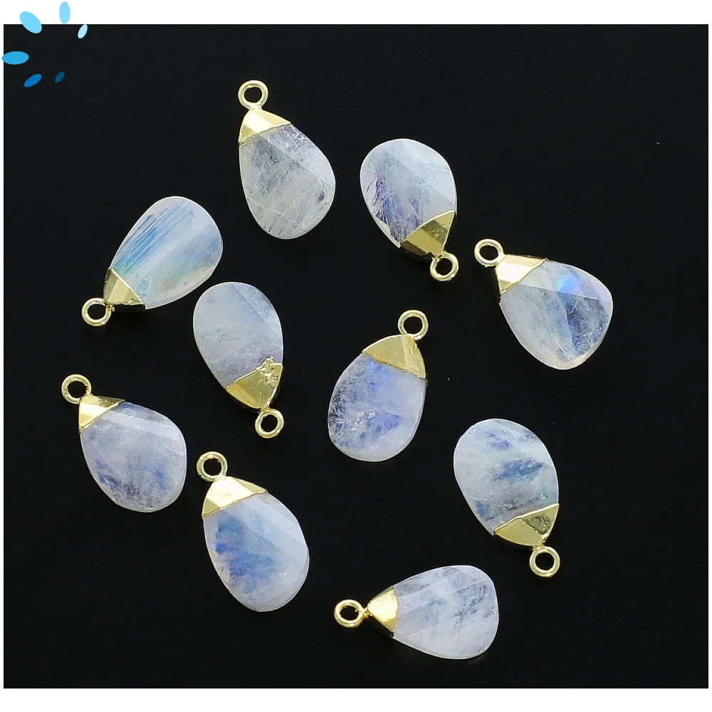 Rainbow Moonstone Pear Charm Pendant 13x8mm 18k Gold Electroplated - Set of 4