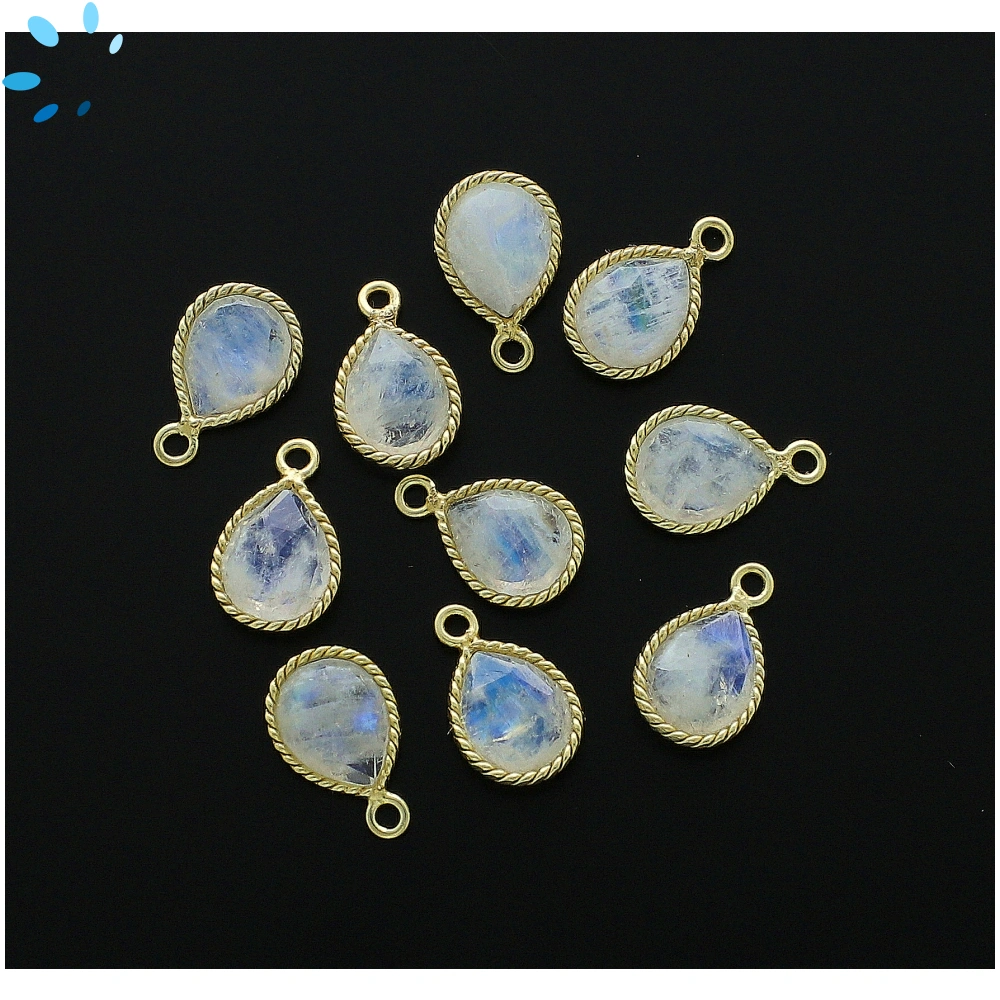 Rainbow Moonstone Pear Twisted Wire Bezel Charm Pendant 10x9mm - 18k Gold Plated Sterling Silver - Set of 4