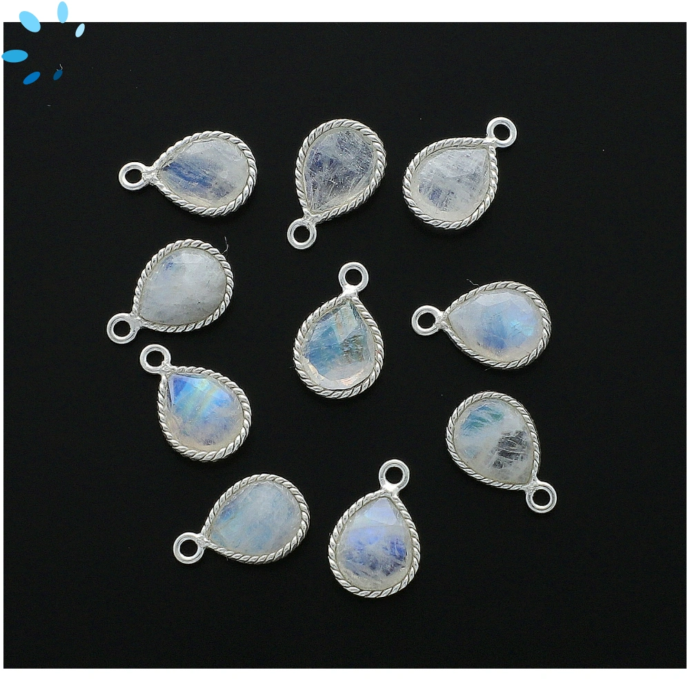 Rainbow Moonstone Pear Twisted Wire Bezel Charm Pendant 10x9mm - Platinum Plated Sterling Silver - Set of 4