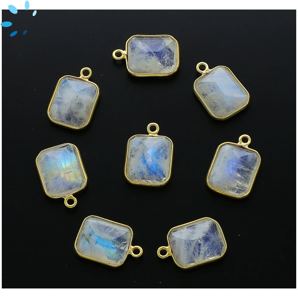 Rainbow Moonstone Rectangle Bezel Charm Pendant 14x10mm - 18k Gold Plated Sterling Silver - Set of 4