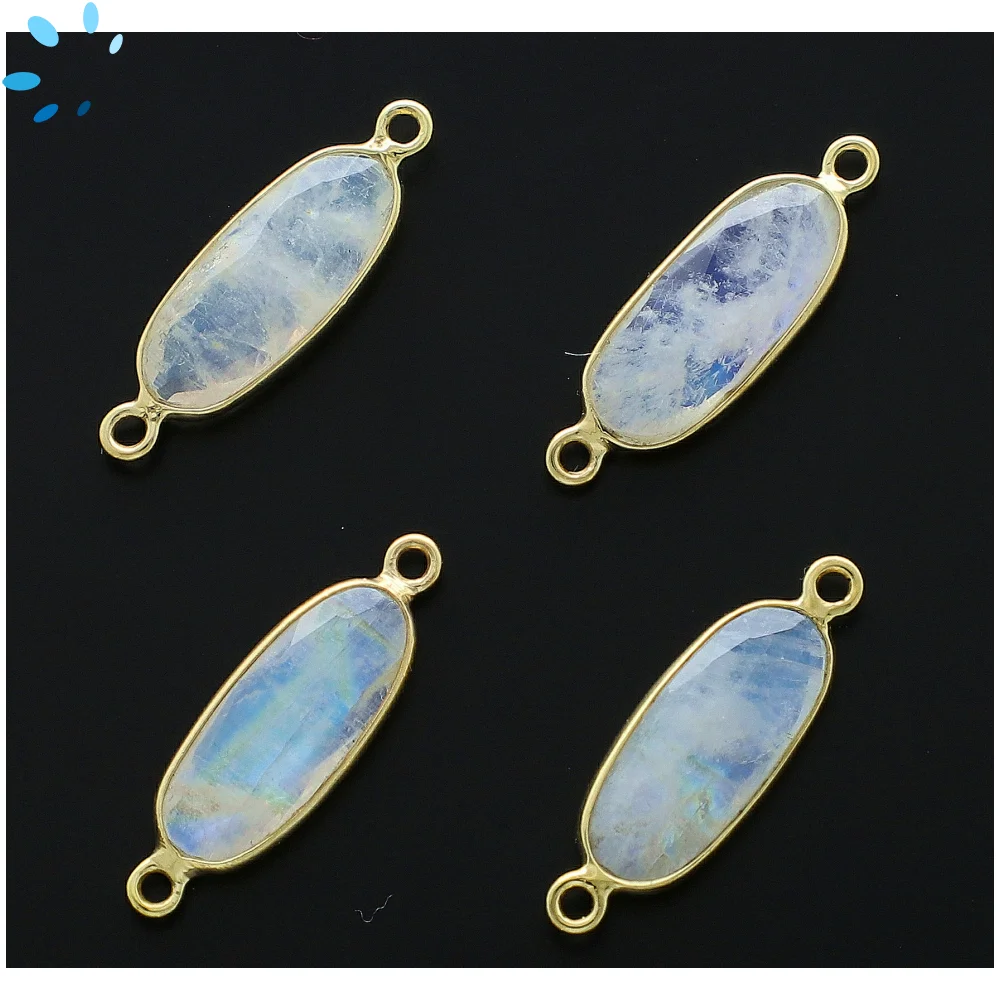 Rainbow Moonstone Rectangle Bezel Connector 16x7 - 18x8mm - 18k Gold Plated Sterling Silver - Set of 4