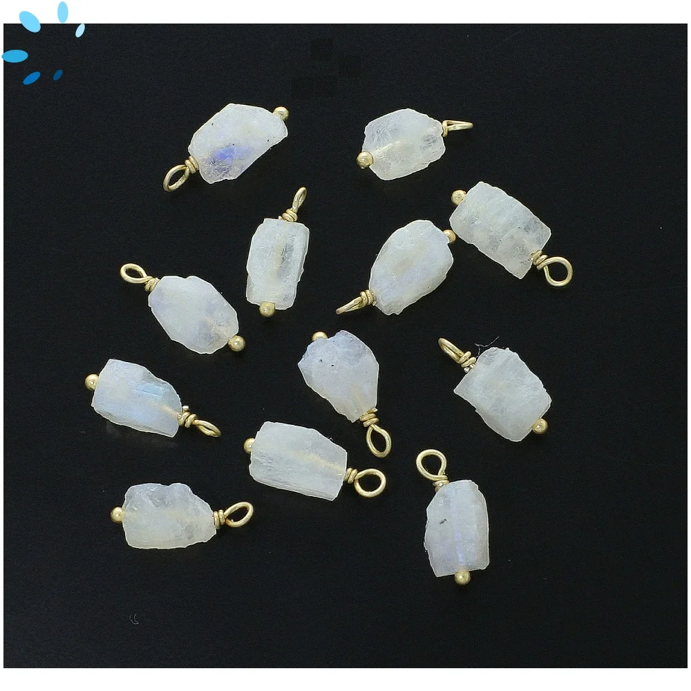 Rainbow Moonstone Rough Bezel Pendant Charm 8x5 - 10x7mm - 18k Gold Plated Sterling Silver - Set of 4