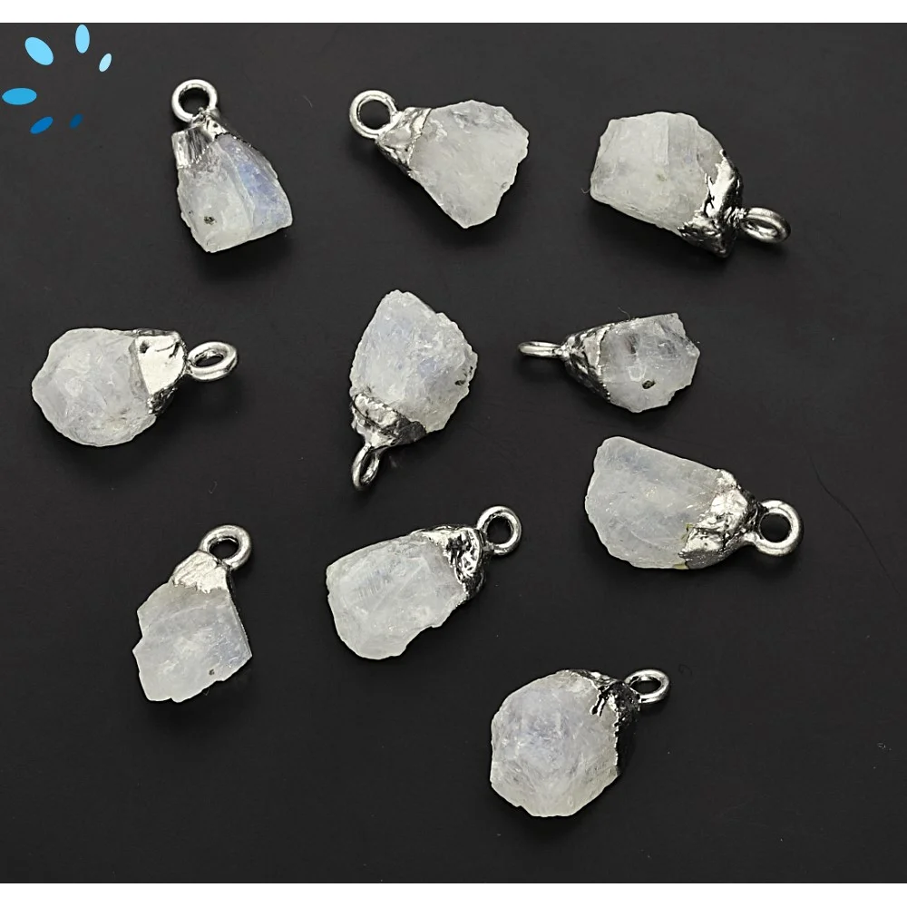 Rainbow Moonstone Rough Charm Pendant 8x5 - 10x7mm Silver Electroplated - Set of 4