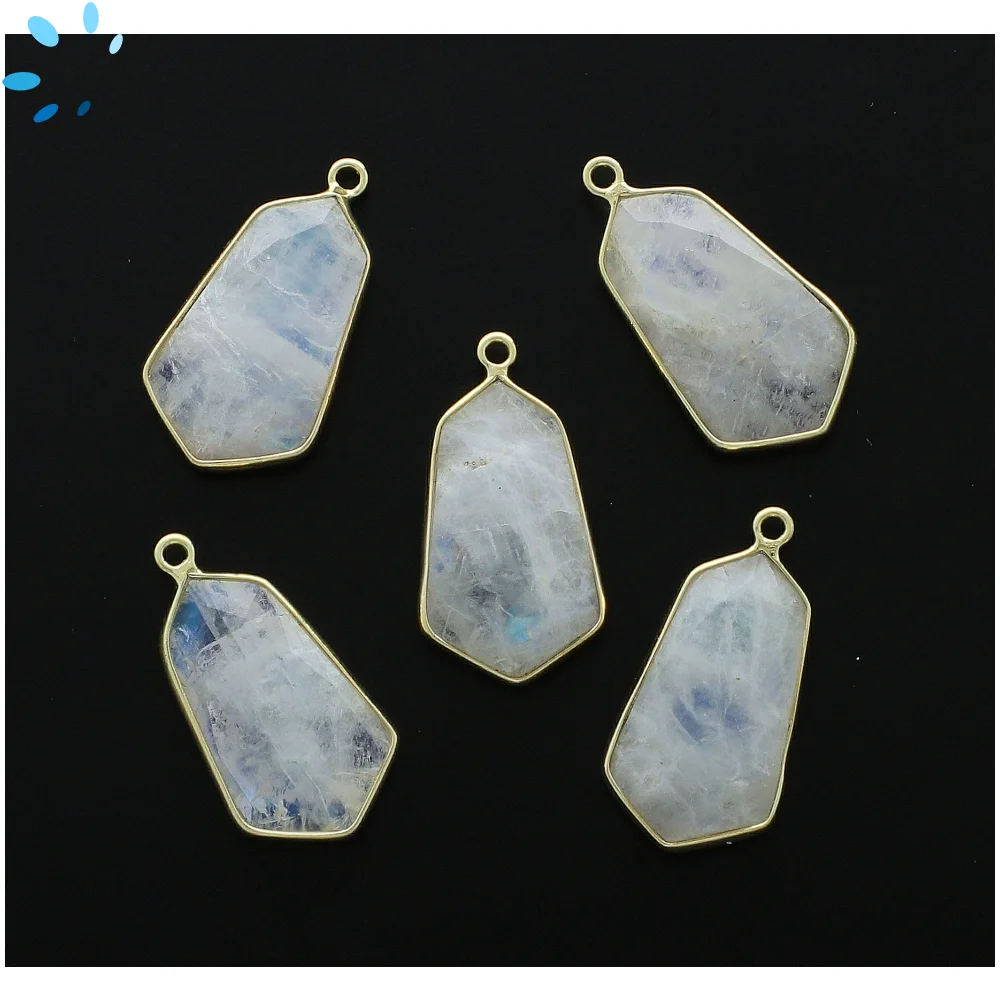 Rainbow Moonstone Shield Bezel Pendant Charm 23x13mm - 18k Gold Plated Sterling Silver - Set of 2