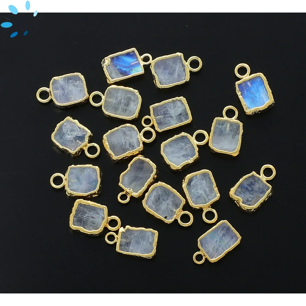 Rainbow Moonstone Slice Charm Pendant 9x7mm 18k Gold Electroplated - Set of 4