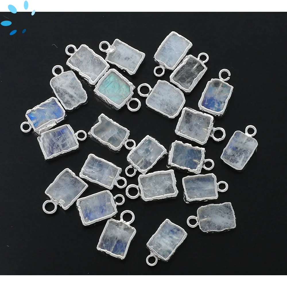 Rainbow Moonstone Slice Pendant Charm 9x7mm Silver Electroplated - Set of 4