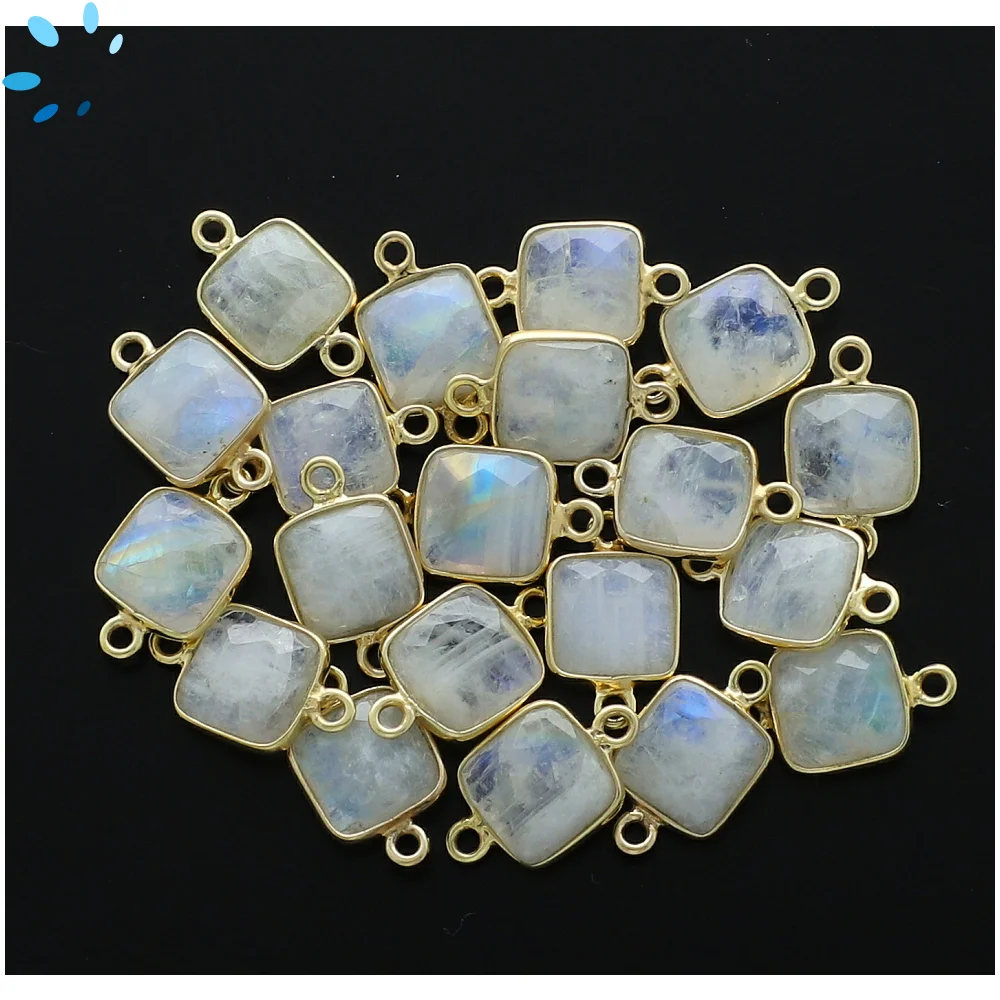 Rainbow Moonstone Square Bezel Connector 9mm - 18k Gold Plated Sterling Silver - Set of 4