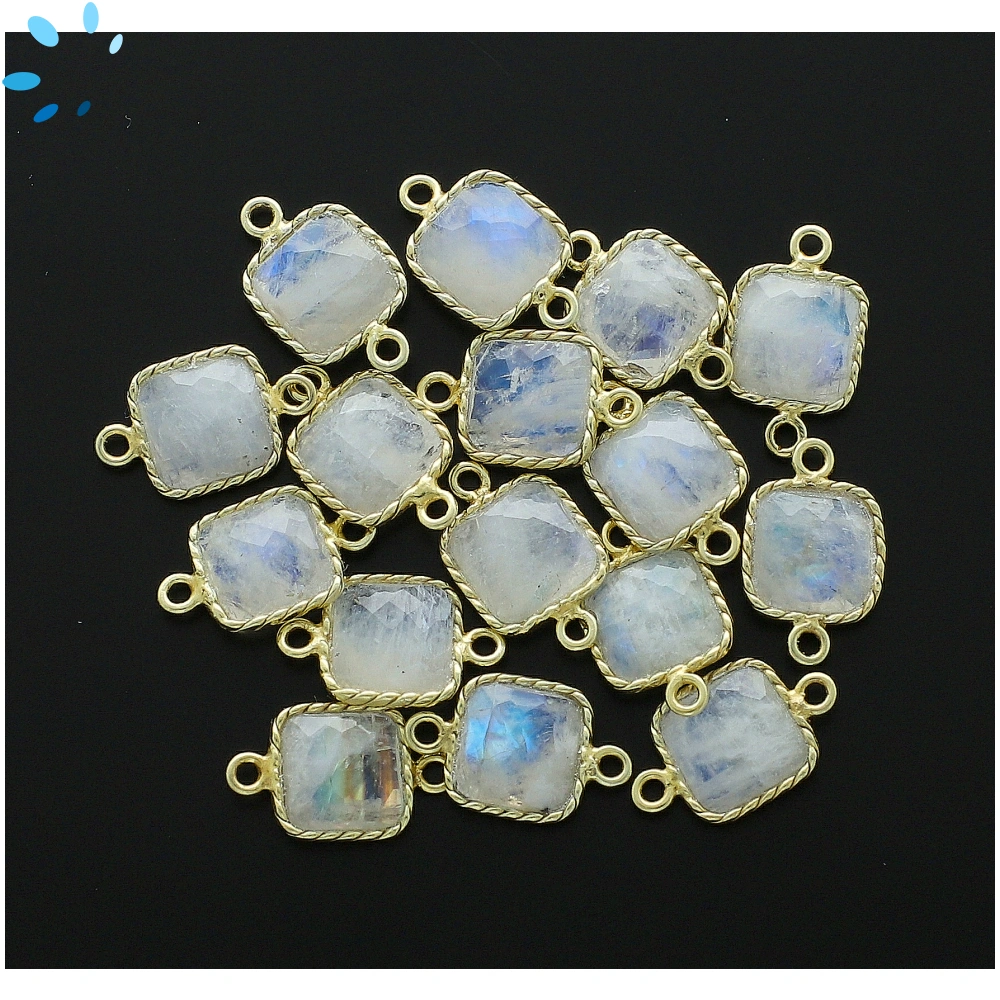 Rainbow Moonstone Square Twisted Wire Bezel Connector 9x9mm - 18k Gold Plated Sterling Silver - Set of 4