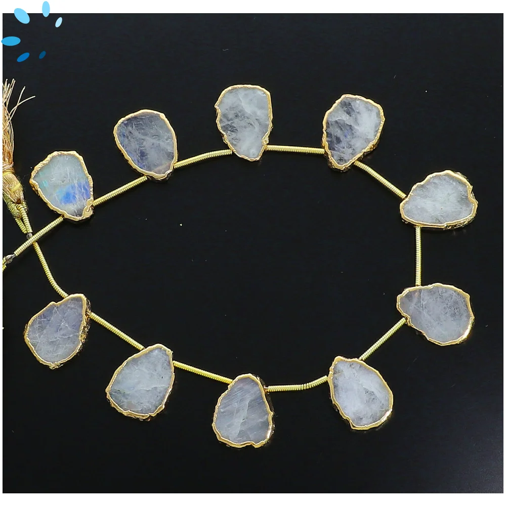 Rainbow Moonstone Top Drilled Slice Beads 15x12mm - 18k Gold Electroplated