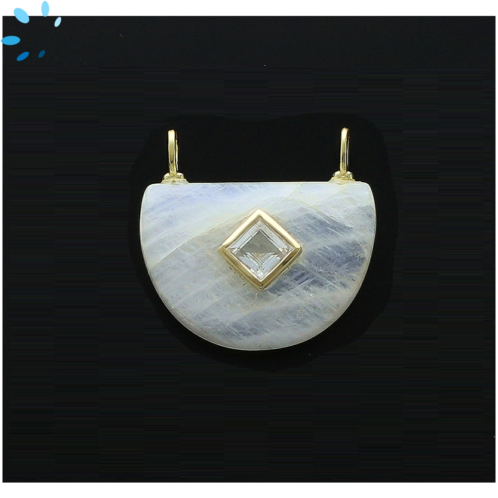 Rainbow Moonstone & White Topaz Fancy Shape Inlay Charm Pendant 24x16mm - 18k Gold Plated Sterling Silver