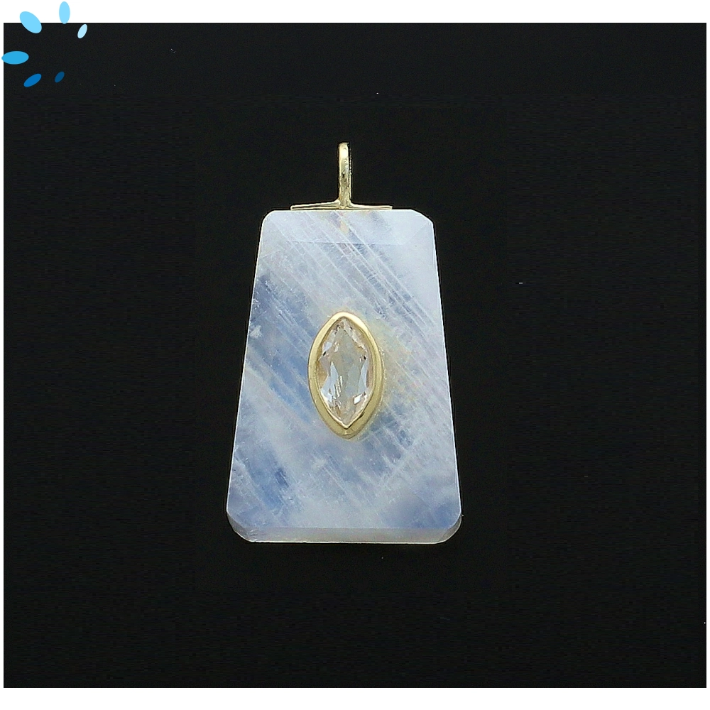 Rainbow Moonstone & White Topaz Fancy Shape Inlay Pendant Charm 24x16mm - 18k Gold Plated Sterling Silver