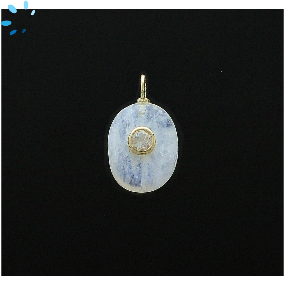 Rainbow Moonstone & White Topaz Oval Inlay Pendant Charm 17x13mm - 18k Gold Plated Sterling Silver