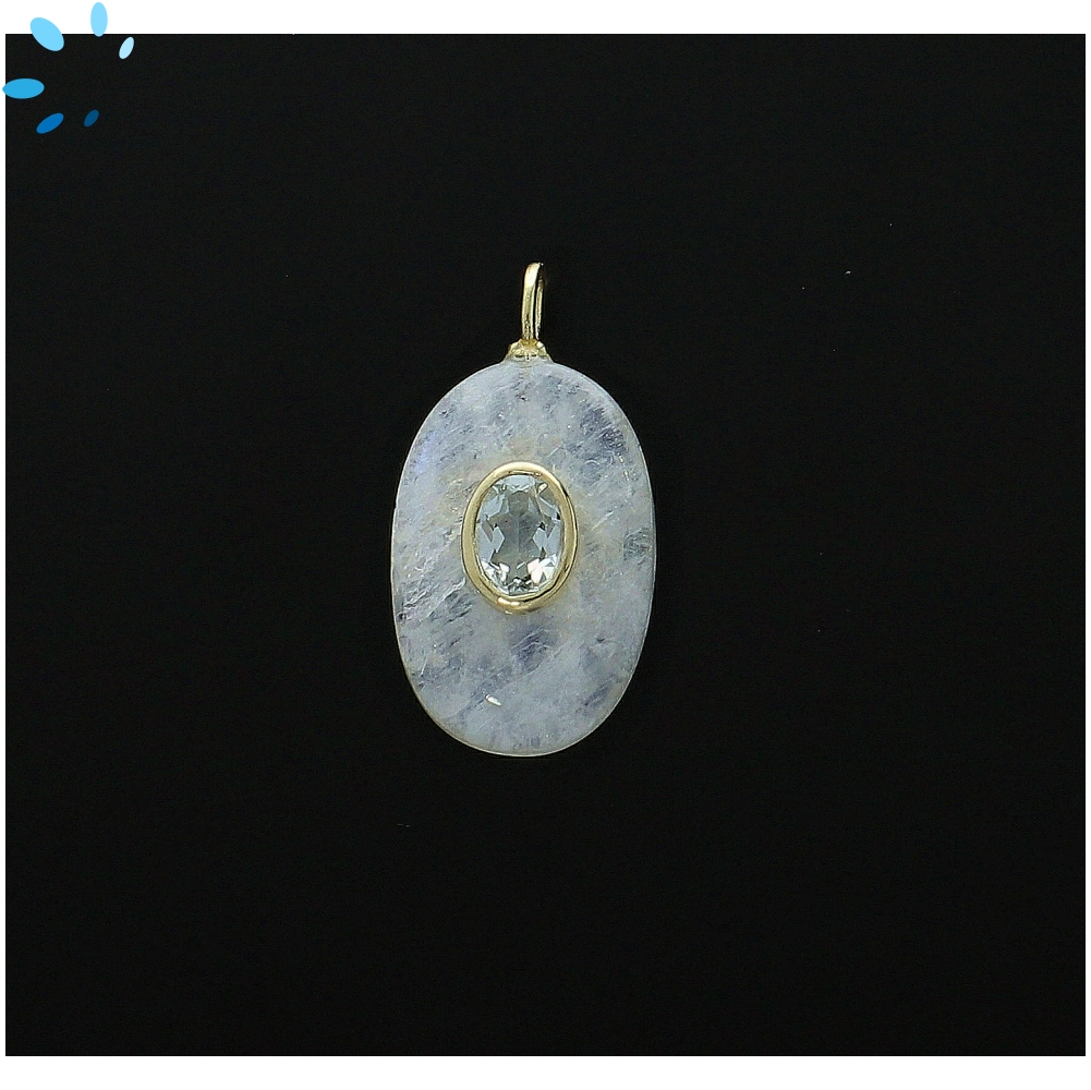Rainbow Moonstone & White Topaz Oval Inlay Pendant Charm 22x15mm - 18k Gold Plated Sterling Silver
