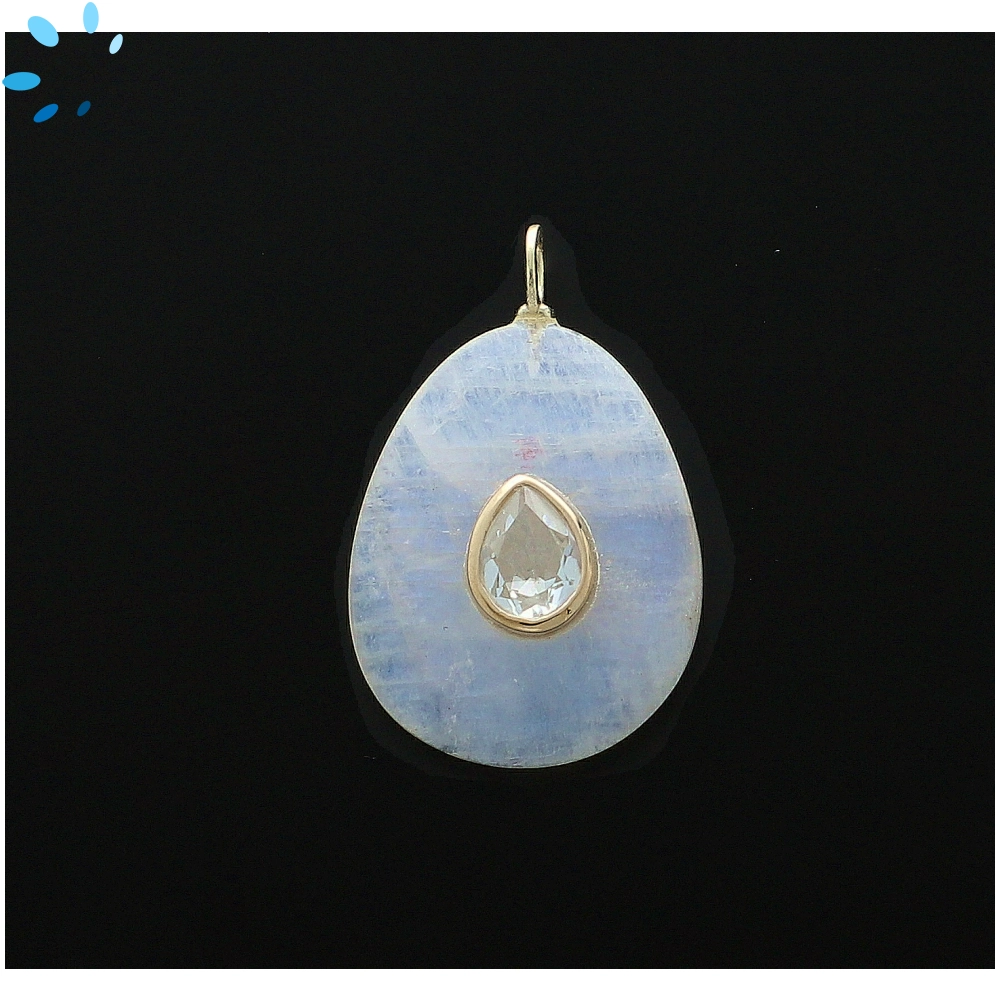 Rainbow Moonstone & White Topaz Pear Inlay Pendant Charm 27x20mm - 18k Gold Plated Sterling Silver