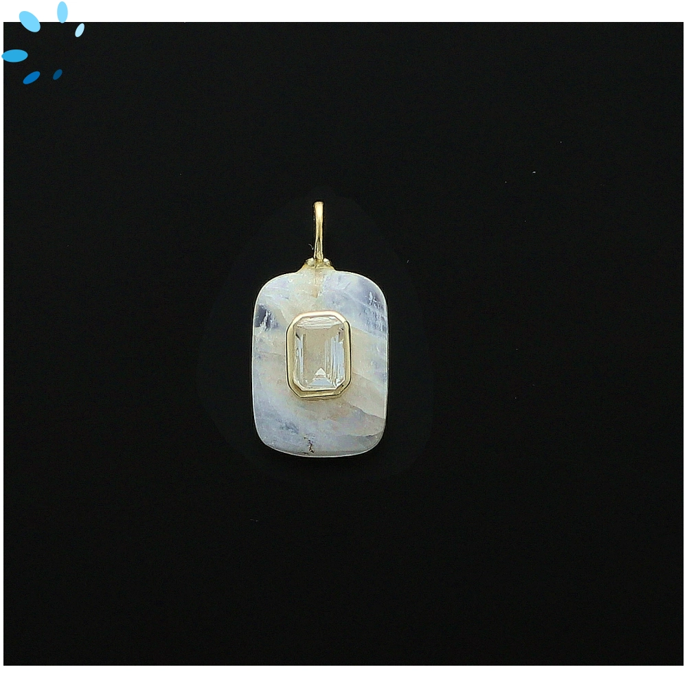 Rainbow Moonstone & White Topaz Rectangle Inlay Charm Pendant 15x11mm - 18k Gold Plated Sterling Silver