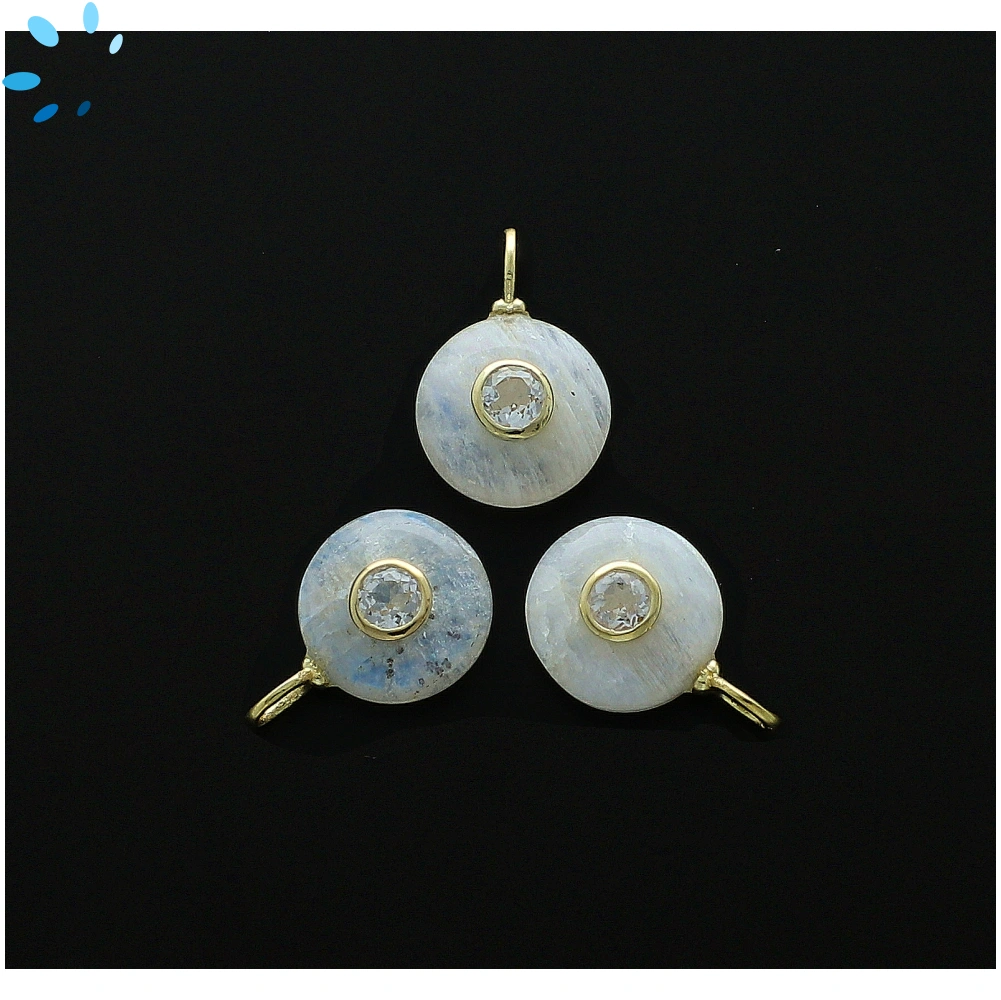 Rainbow Moonstone & White Topaz Round Inlay Charm Pendant 12mm - 18k Gold Plated Sterling Silver - 1 Piece