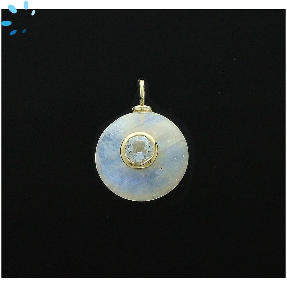 Rainbow Moonstone & White Topaz Round Inlay Charm Pendant 16mm - 18k Gold Plated Sterling Silver