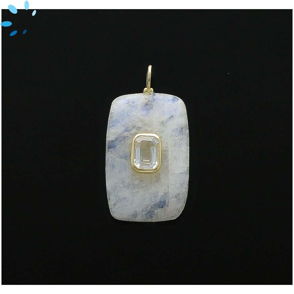Rainbow Moonstone & White Topaz Slab Rectangle Inlay Pendant Charm 28x18mm - 18k Gold Plated Sterling Silver 1 Piece
