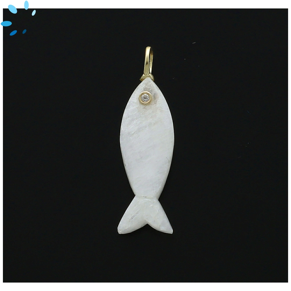 Rainbow Moonstone & White Topaz Vertical Elongated Fish Inlay Pendant Charm 25x9mm - 18k Gold Plated Sterling Silver 