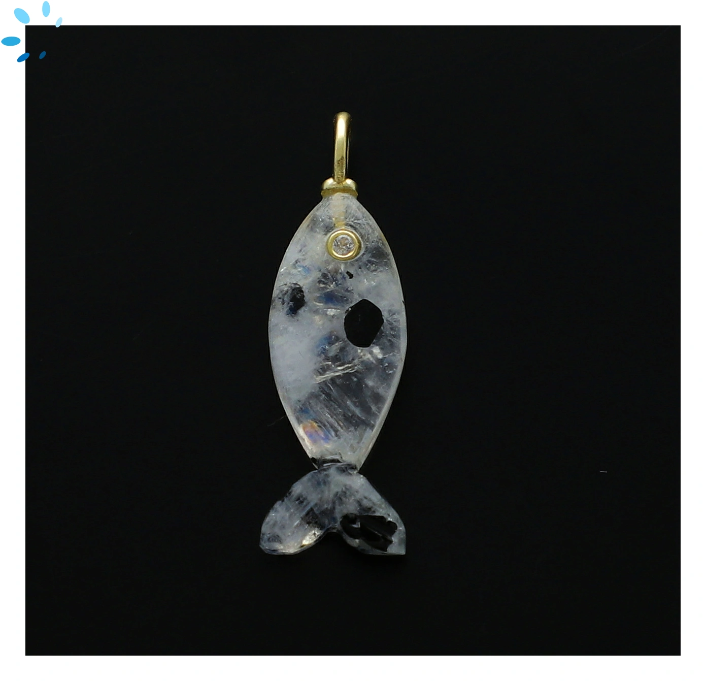 Rainbow Moonstone & White Topaz Vertical Elongated Fish Inlay Pendant Charm 25x9mm - 18k Gold Plated Sterling Silver