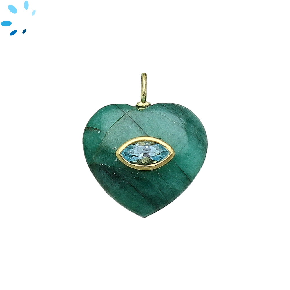 Raw Emerald & Blue Topaz Heart Inlay Charm Pendant 19mm - 18k Gold Plated Sterling Silver