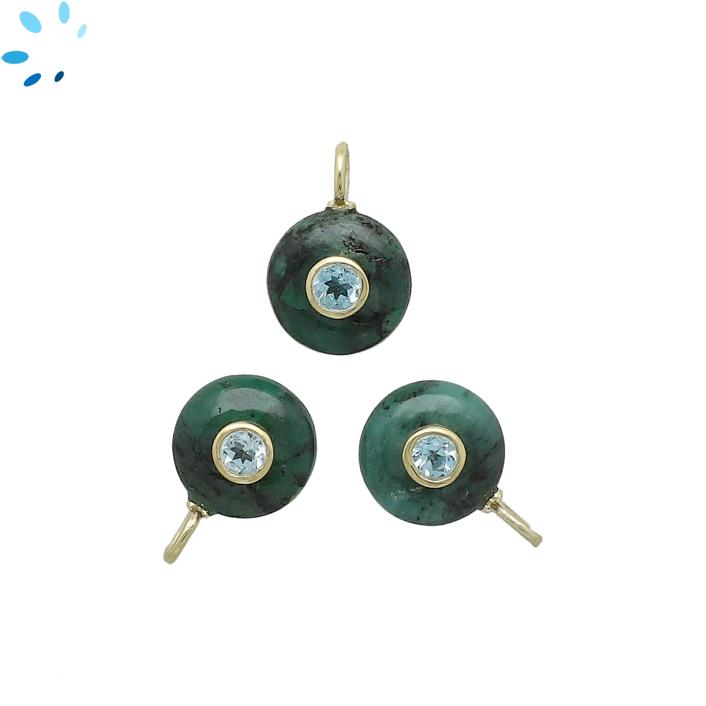 Raw Emerald & Blue Topaz Round Inlay Charm Pendant 12mm - 18k Gold Plated Sterling Silver - 1 Piece