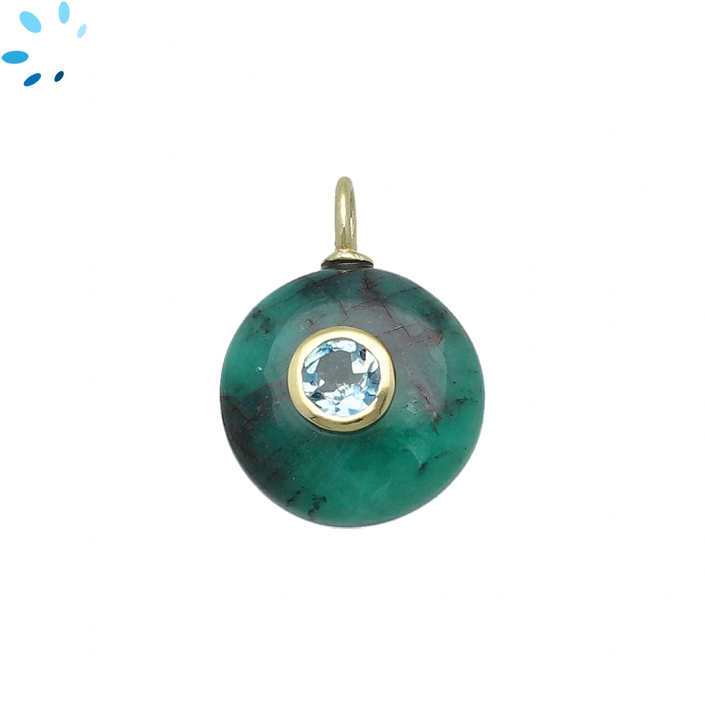 Raw Emerald & Blue Topaz Round Inlay Charm Pendant 16mm - 18k Gold Plated Sterling Silver - 1 Piece