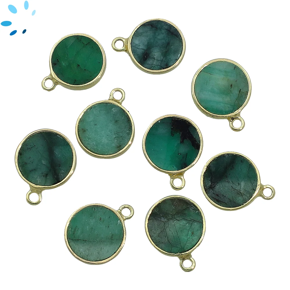 Raw Emerald Coin Bezel Charm Pendant 12mm - 18k Gold Plated Sterling Silver - Set of 4