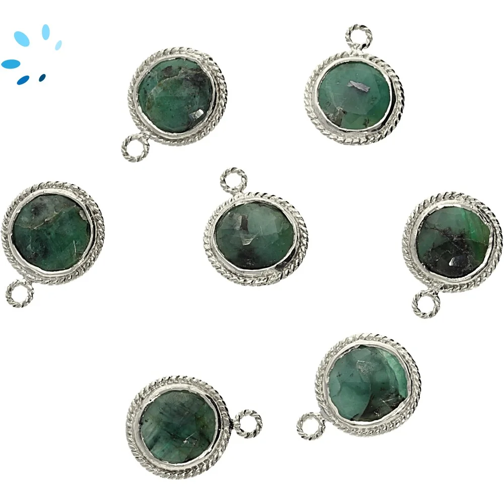Raw Emerald Coin Twisted Wire Bezel Charm Pendant 10mm - Silver Plated Sterling Silver - Set of 4