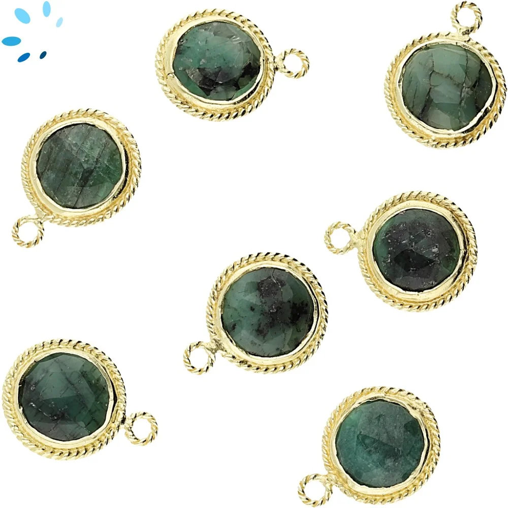 Raw Emerald Coin Twisted Wire Bezel Pendant Charm 10mm - 18k Gold Plated Sterling Silver - Set of 4