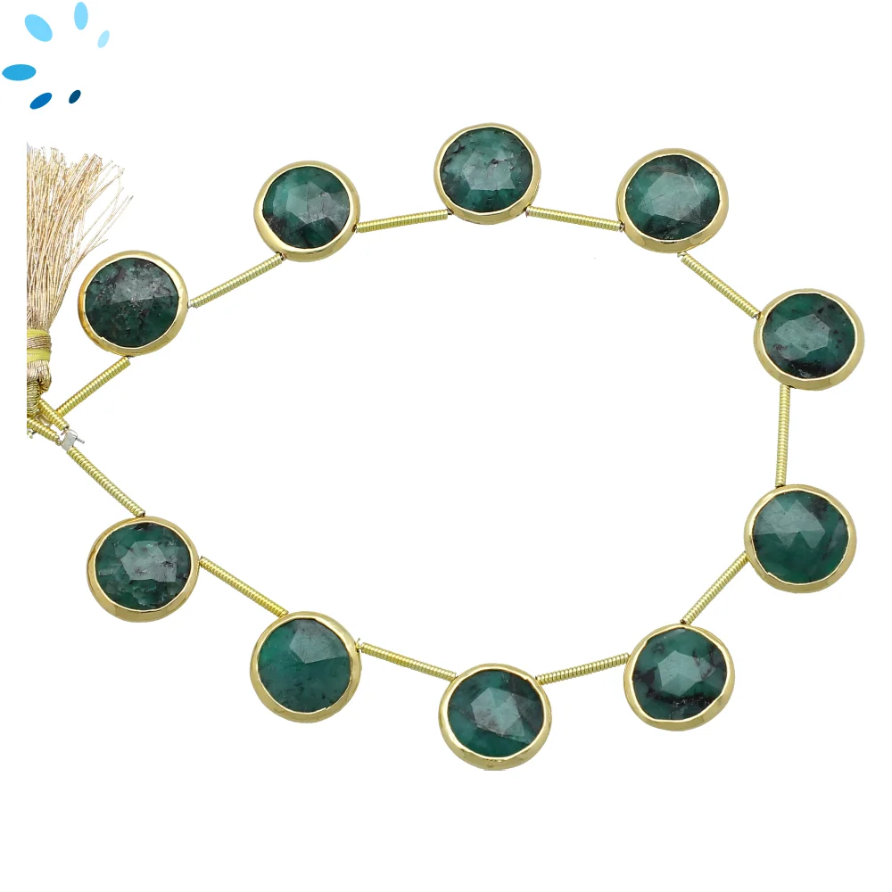 Raw Emerald Faceted Coin Bezel Set Beads 10mm Top Drilled - 18k Gold Plated Sterling Silver