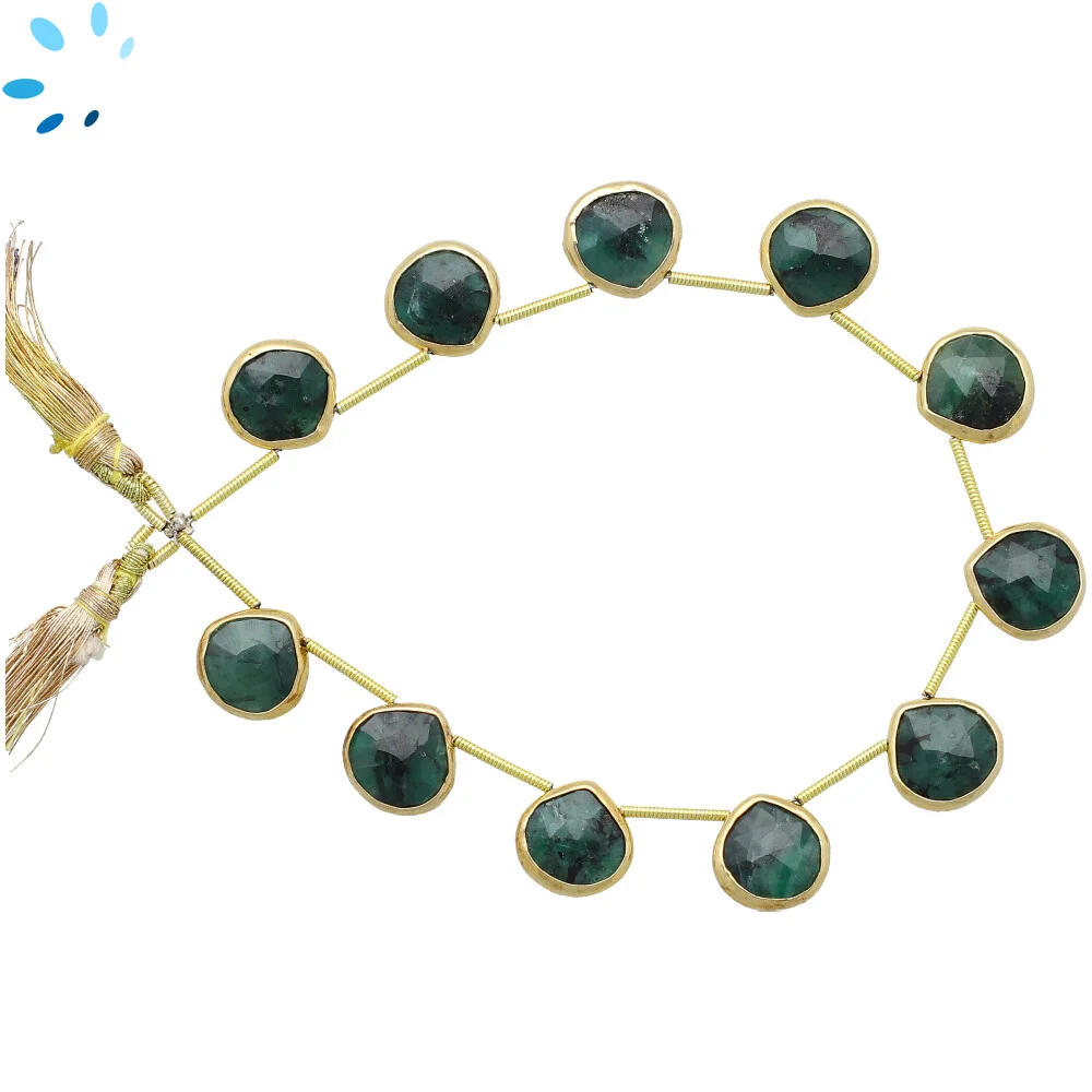 Raw Emerald Faceted Heart Bezel Set Beads 11mm Top Drilled - 18k Gold Plated Sterling Silver