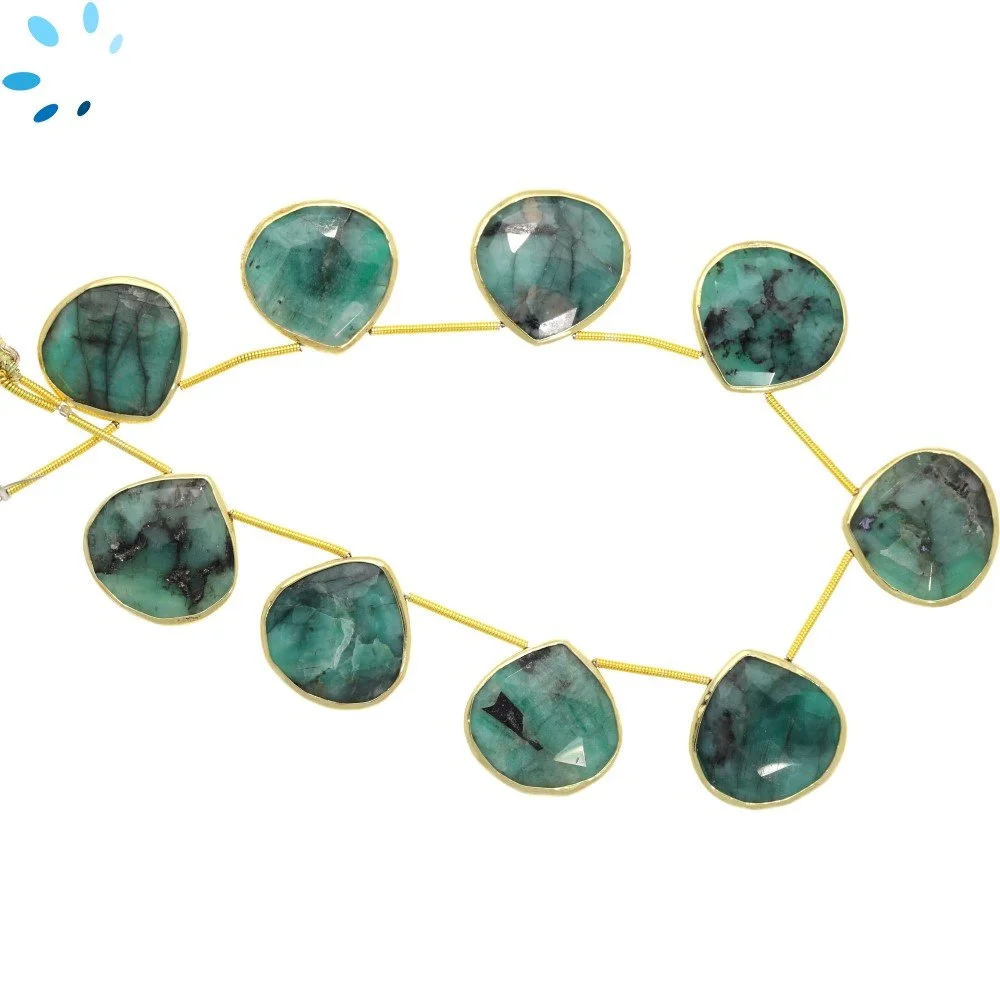 Raw Emerald Faceted Heart Bezel Set Beads 19mm Top Drilled - 18k Gold Plated Sterling Silver