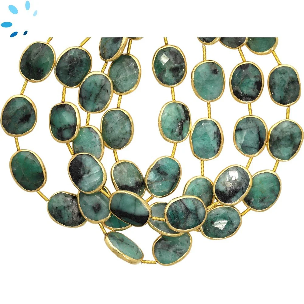 Raw Emerald Faceted Nuggets Bezel Set Beads 15x12mm Top to Bottom Drilled - 18k Gold Plated Sterling Silver