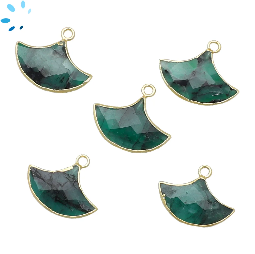 Raw Emerald Fan Charm Pendant 15x10 - 18x12mm 18k Gold Electroplated -  Set of 2