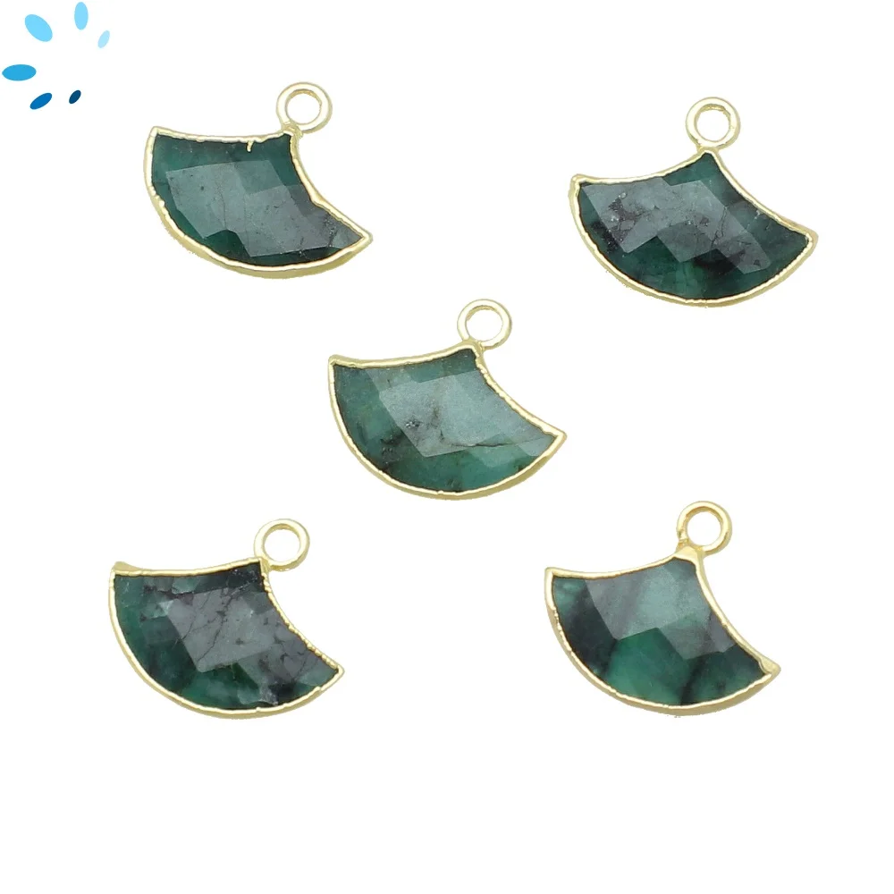 Raw Emerald Fan Charm Pendant 15x10mm 18k Gold Electroplated - Set of 2