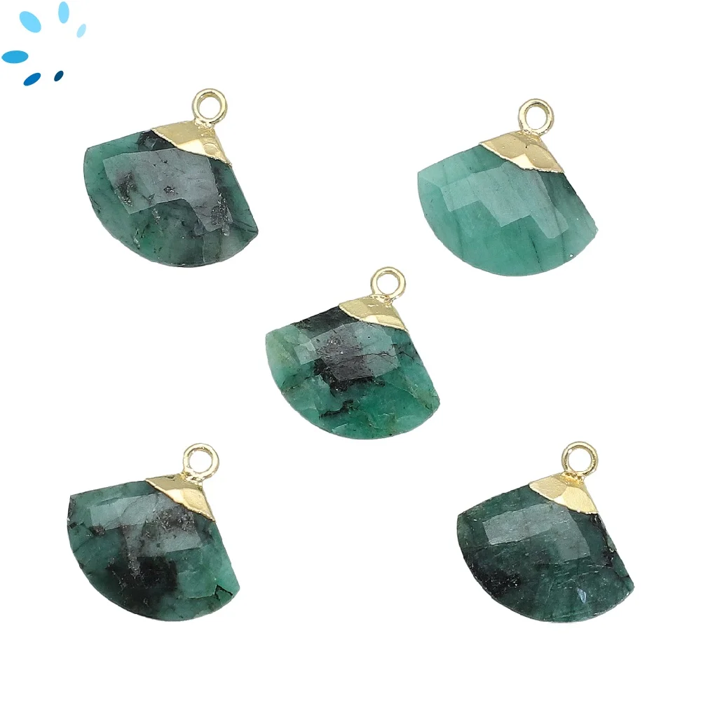 Raw Emerald Fan Charm Pendant 16x13 - 18x14mm 18k Gold Electroplated - Set of 2