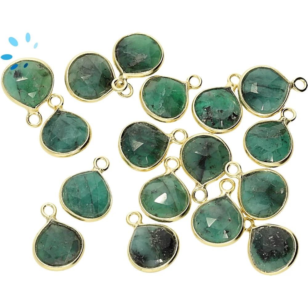 Raw Emerald Heart Bezel Charm Pendant 8mm - 18k Gold Plated Sterling Silver - Set of 4