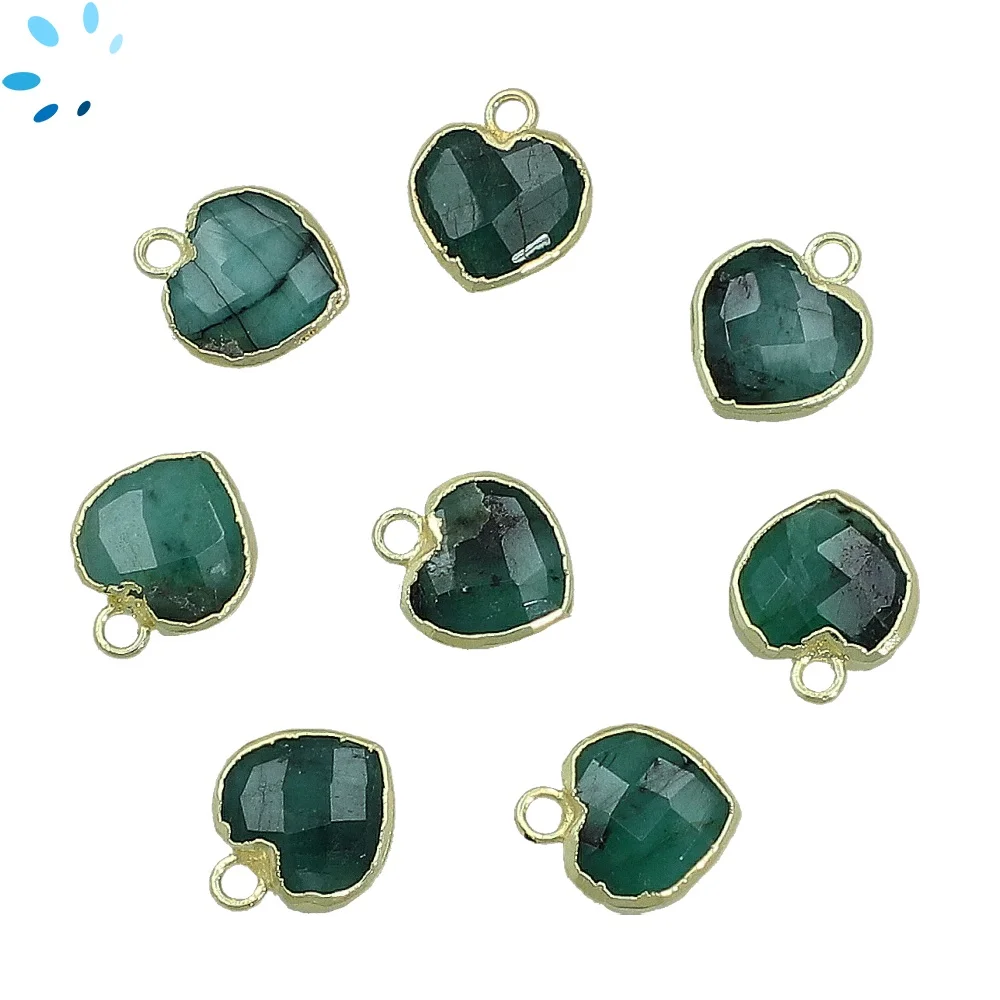 Raw Emerald Heart Charm Pendant 9mm 18k Gold Electroplated - Set of 4