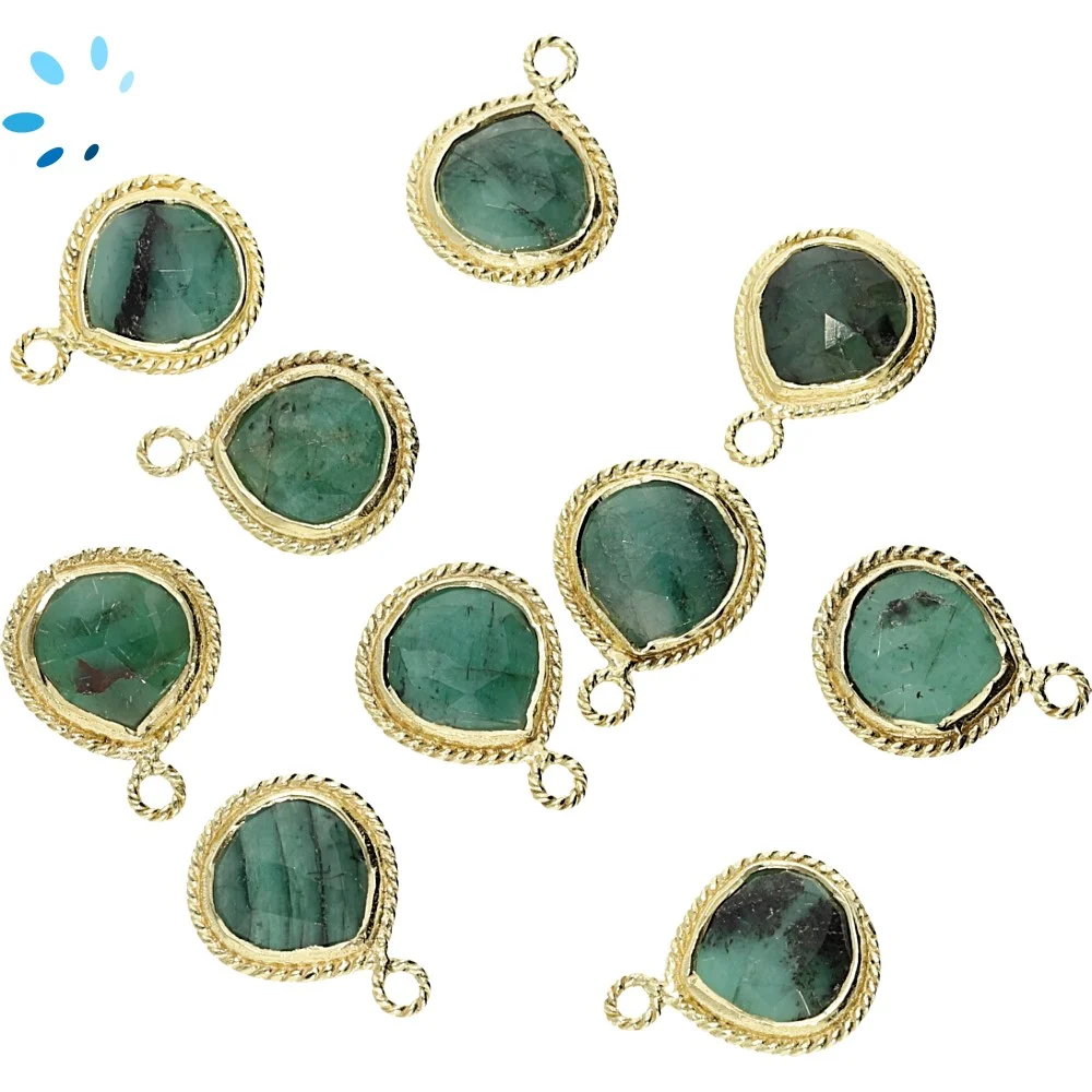 Raw Emerald Heart Twisted Wire Bezel Charm Pendant 10mm - 18k Gold Plated Sterling Silver - Set of 4