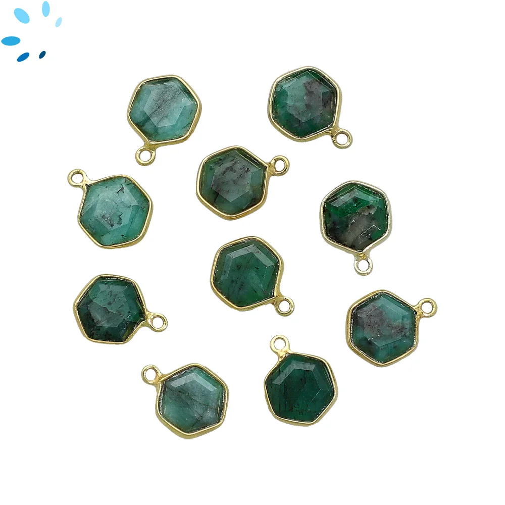 Raw Emerald Hexagon Bezel Charm Pendant 9mm - 18k Gold Plated Sterling Silver - Set of 4