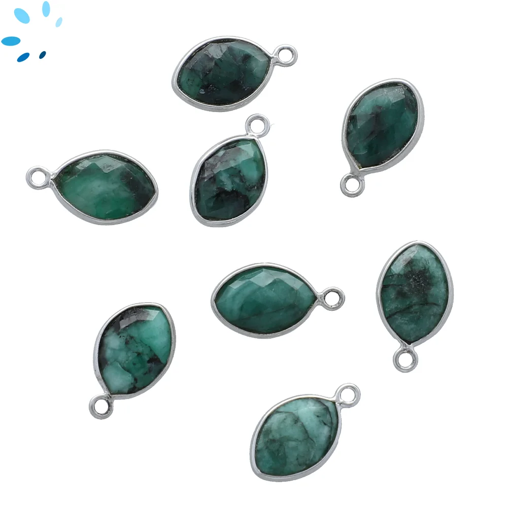 Raw Emerald Marquise Bezel Charm Pendant 12x8mm - Platinum Plated Sterling Silver - Set of 4