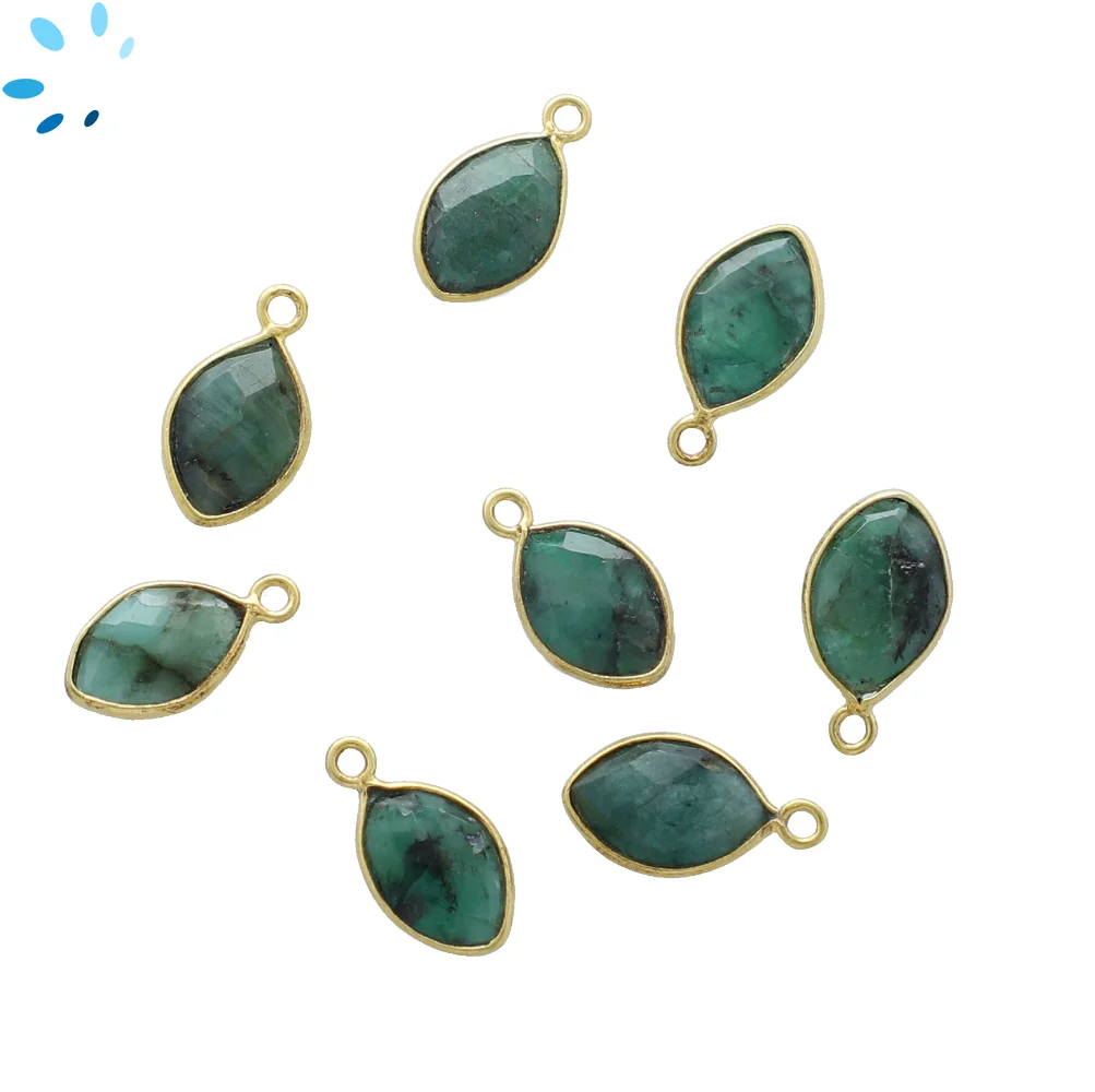 Raw Emerald Marquise Bezel Pendant Charm 12x8mm - 18k Gold Plated Sterling Silver - Set of 4