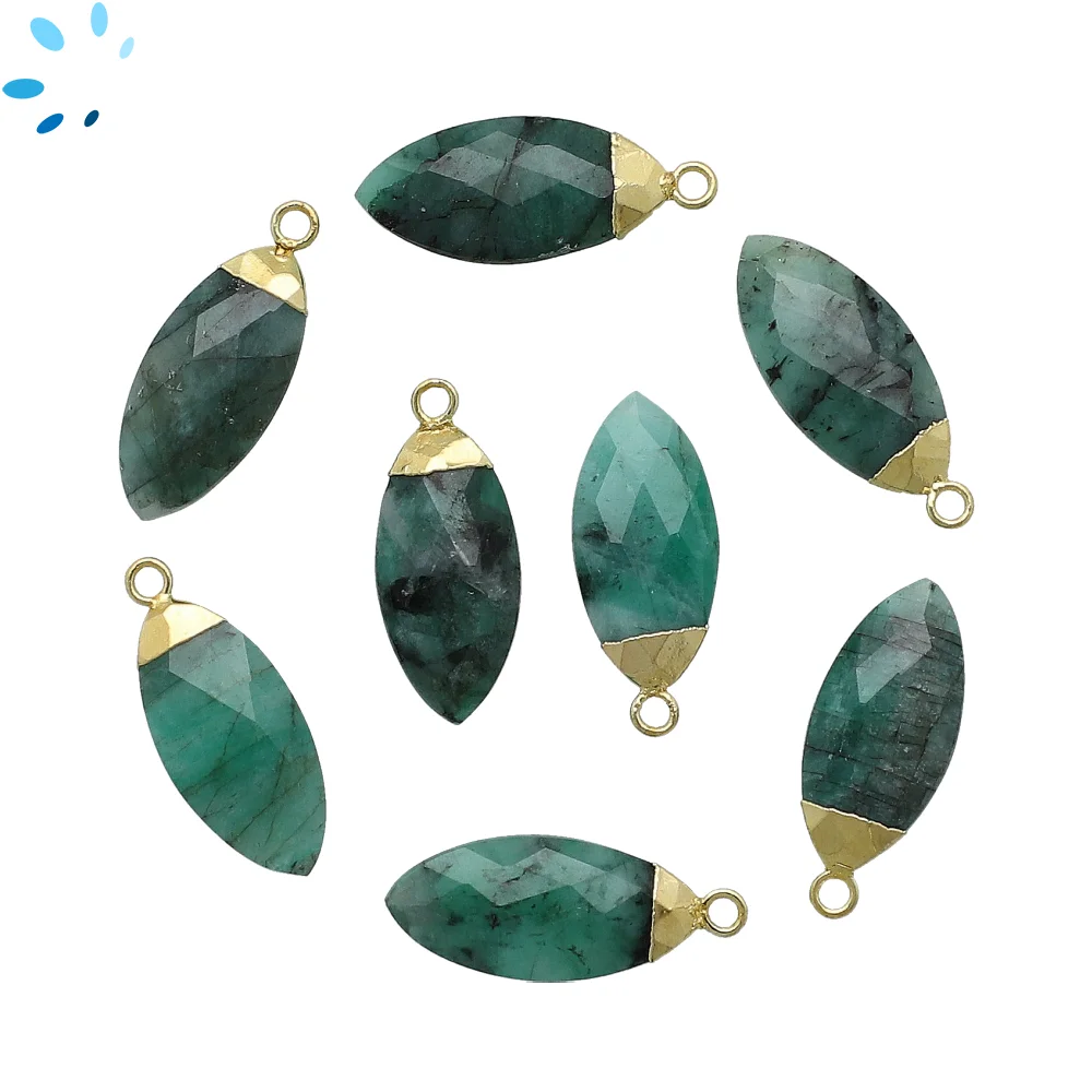 Raw Emerald Marquise Pendant Charm 16x7 - 18x8mm 18k Gold Electroplated - Set of 4